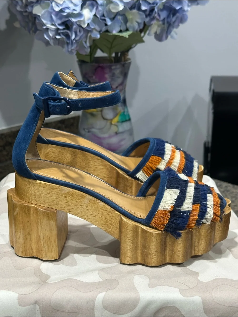 Tory Burch Navy Blue Fringe Platform Sandals with Orange and Cream Accents